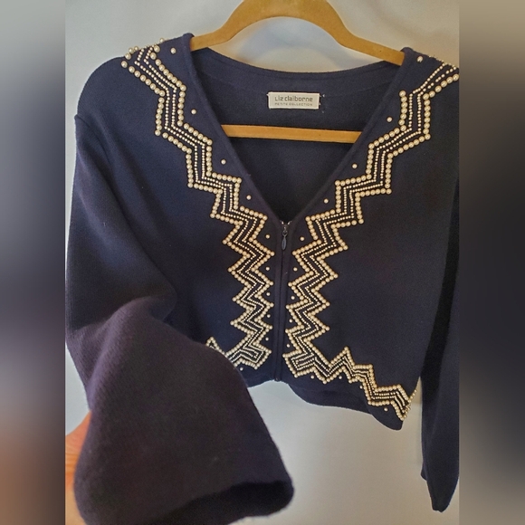 Liz Claiborne Navy Pearl zip up cardigan - Picture 6 of 16